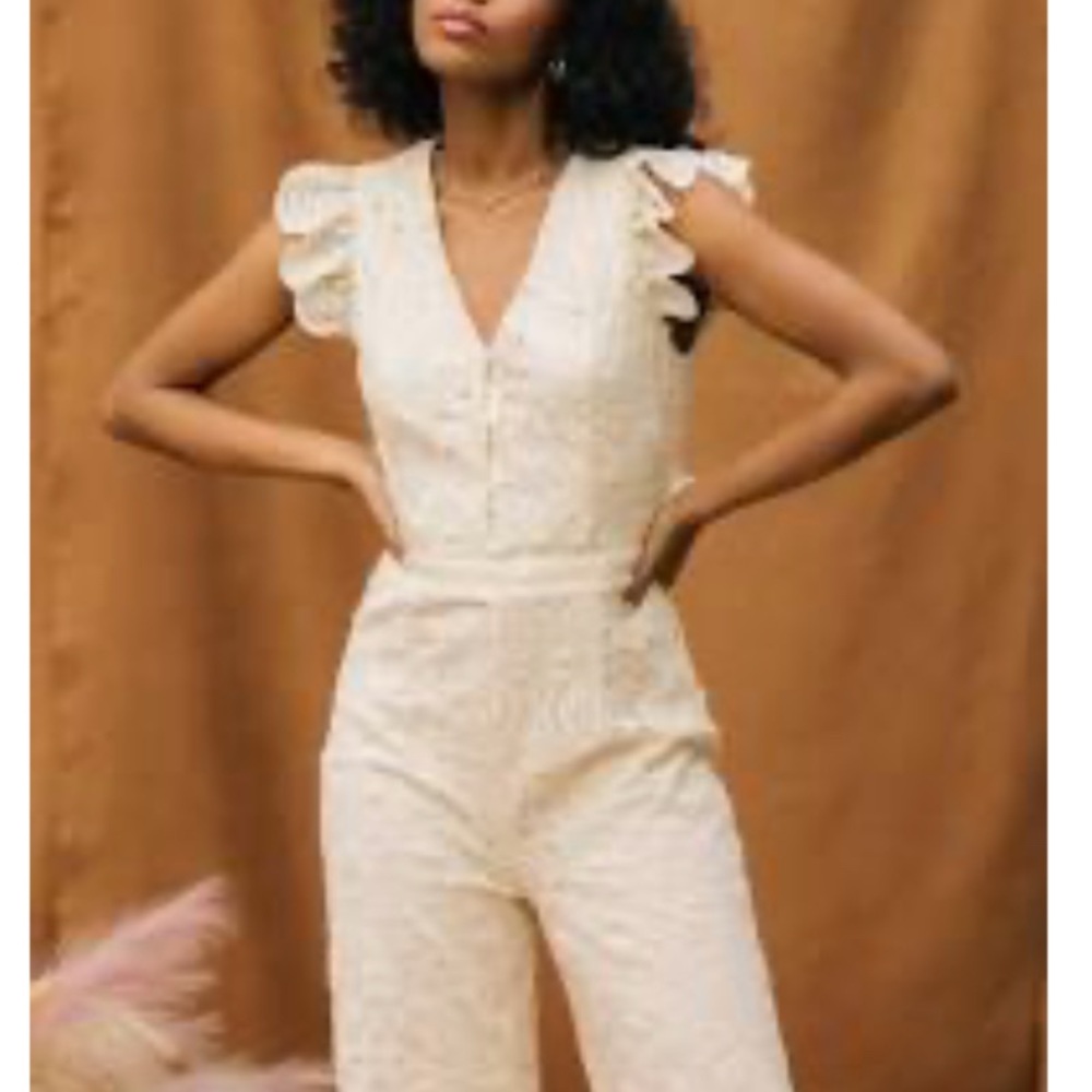 Cream Ruffled Cap Sleeve Jumpsuit with Wide-Leg Silhouette